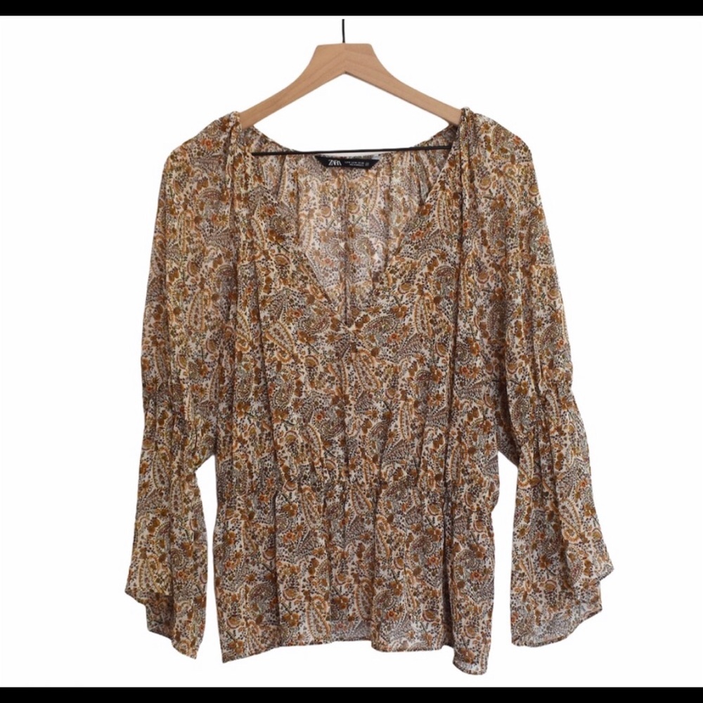 Zara Brown Paisley Floral Print Bell Sleeve Top M